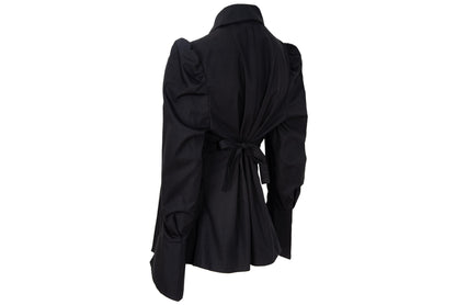 Vintage French brand black permanent pleats button front shirt with fabric appliqué details