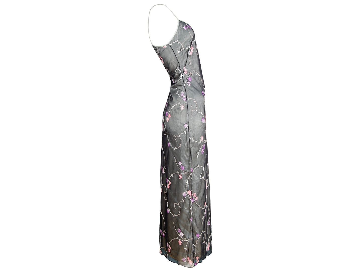 2000s Simultaneous embroidered tulle spaghetti straps maxi dress / Made in Italy
