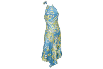 Vestido halter de sirena de seda 100% pura, bajo asimétrico y fluido, estilo vintage / Hecho en Italia