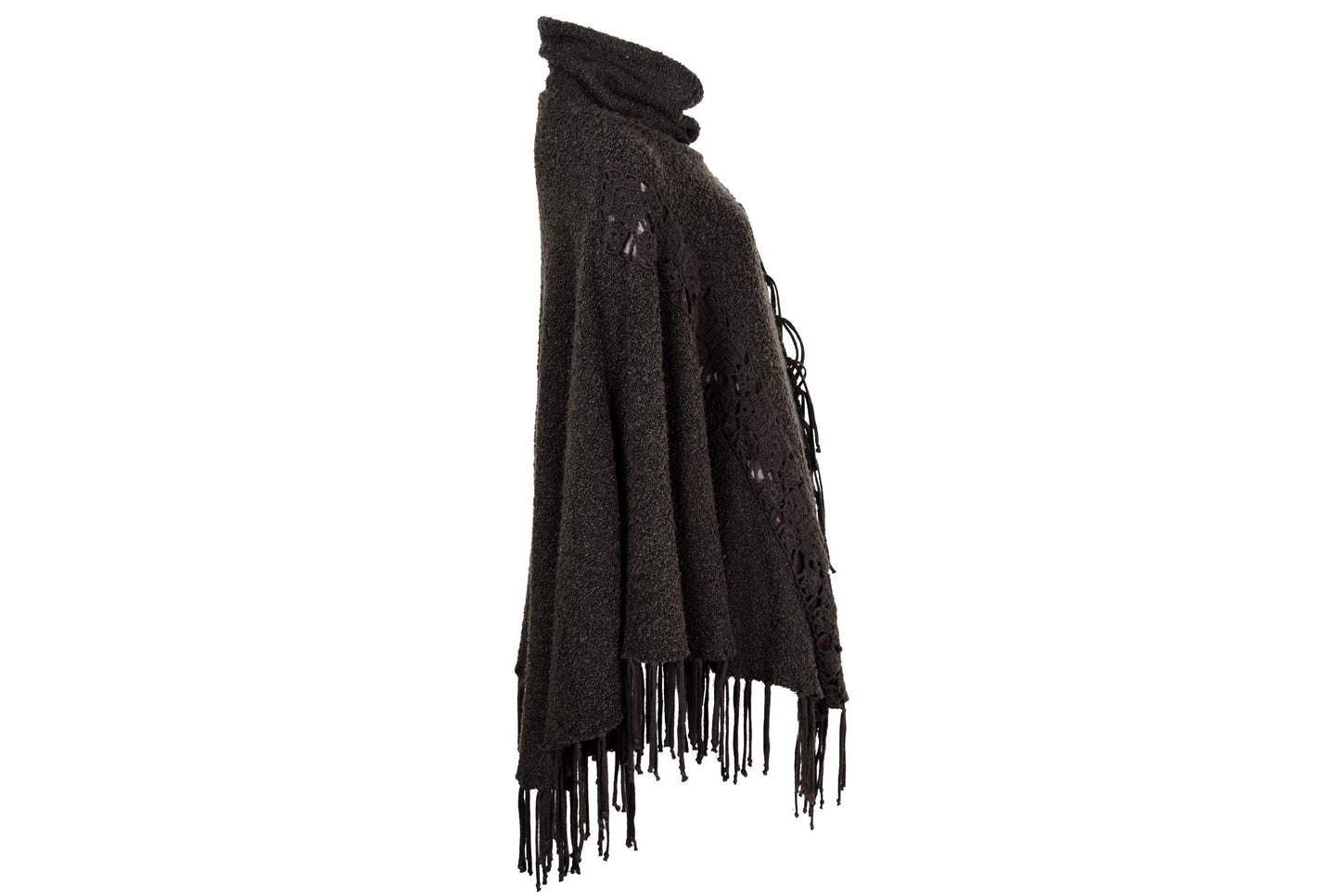 Vintage brown bouclé knit fringe poncho with integrated scarf
