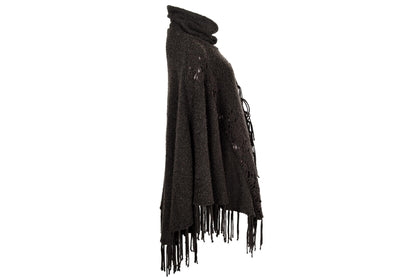 Vintage brown bouclé knit fringe poncho with integrated scarf