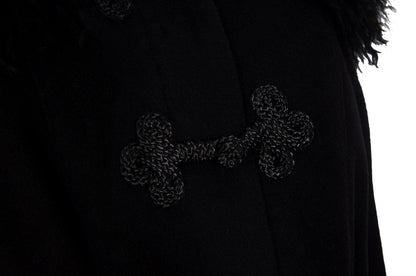 Vintage Black Wool & Cashmere Frog Closure Afghan Style Coat with Tibetan Fur