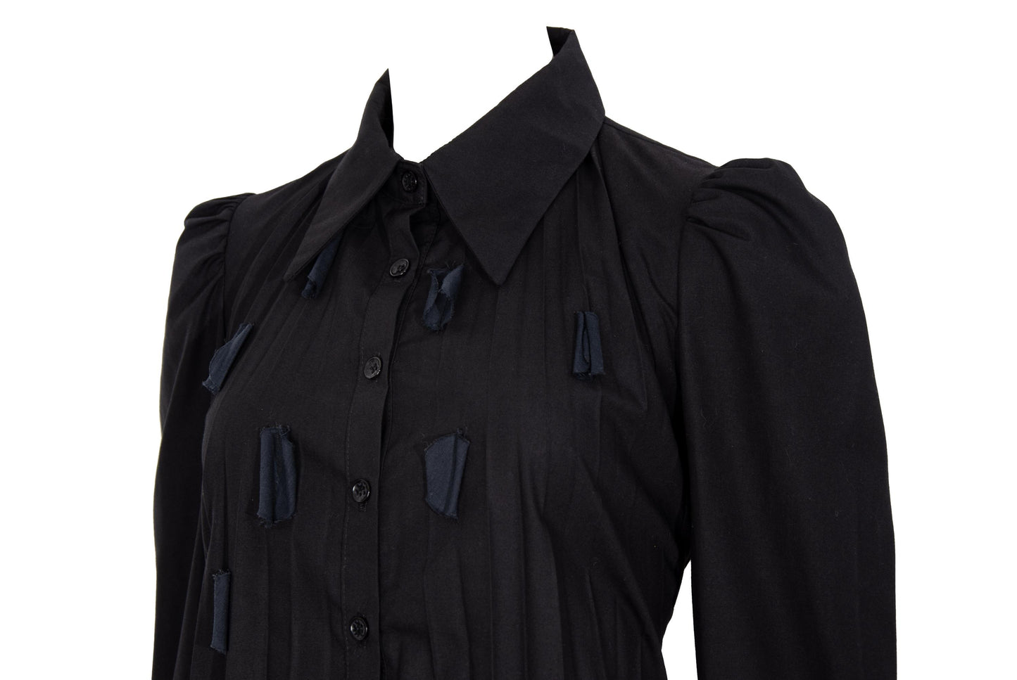 Vintage French brand black permanent pleats button front shirt with fabric appliqué details