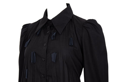Vintage French brand black permanent pleats button front shirt with fabric appliqué details