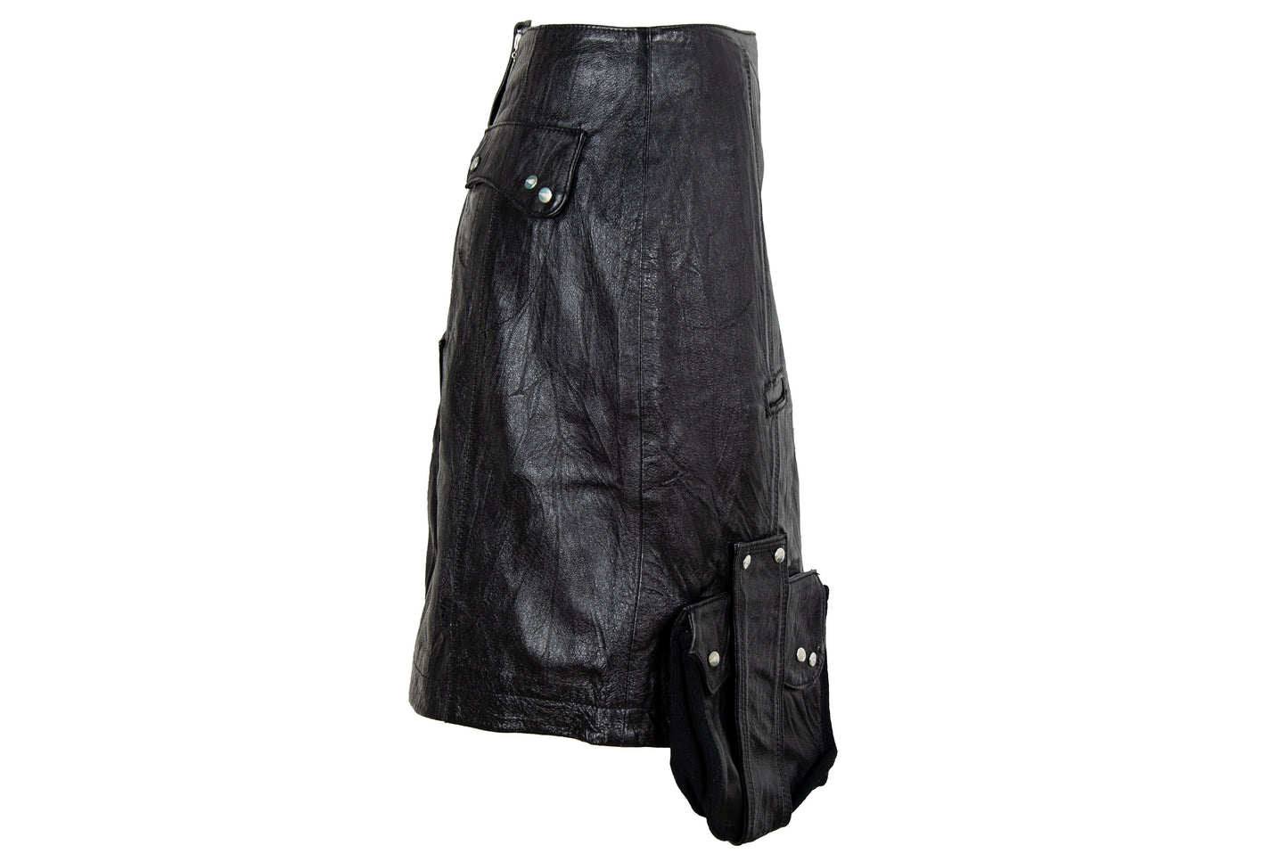 Vintage asymmetrical avant garde cargo pocket black leather skirt / Early 2000s French brand skirt