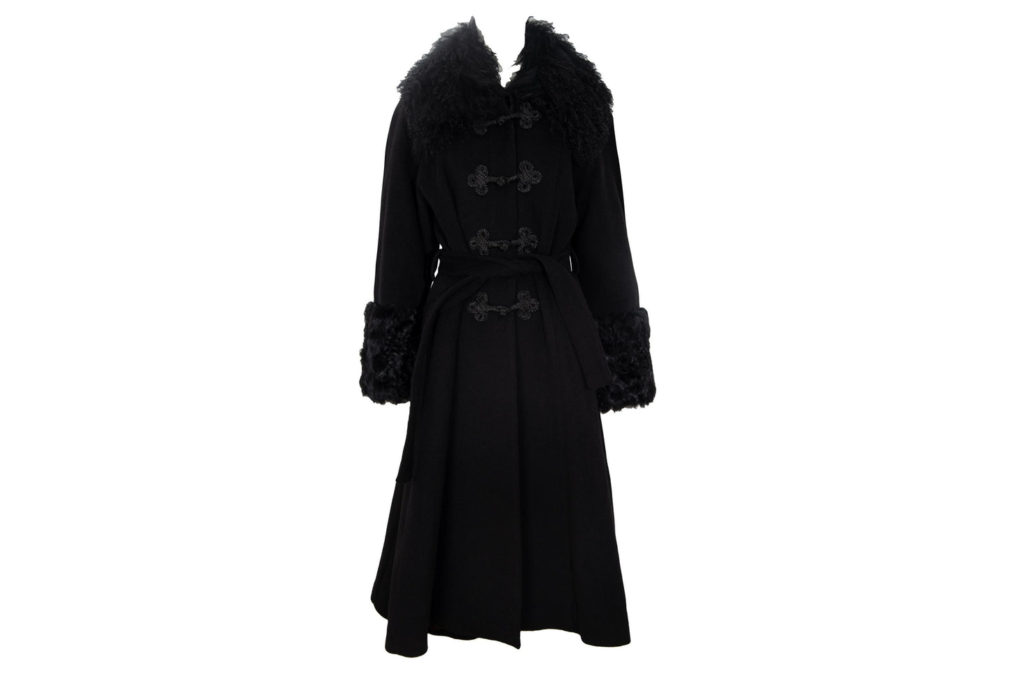 Vintage Black Wool & Cashmere Frog Closure Afghan Style Coat with Tibetan Fur