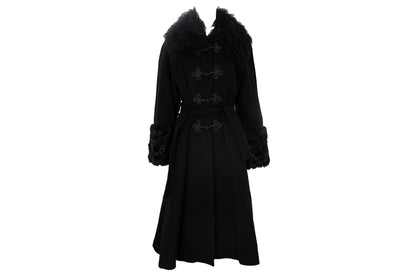 Vintage Black Wool & Cashmere Frog Closure Afghan Style Coat with Tibetan Fur