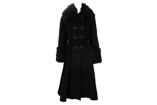Vintage Black Wool & Cashmere Frog Closure Afghan Style Coat with Tibetan Fur