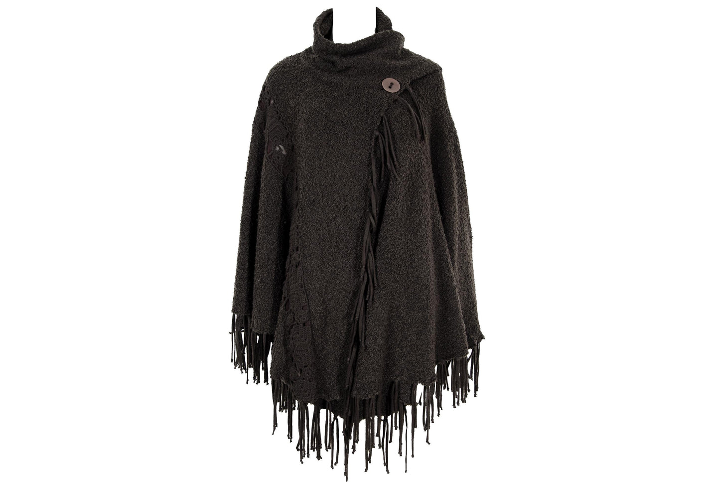 Vintage brown bouclé knit fringe poncho with integrated scarf