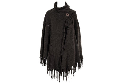 Vintage brown bouclé knit fringe poncho with integrated scarf