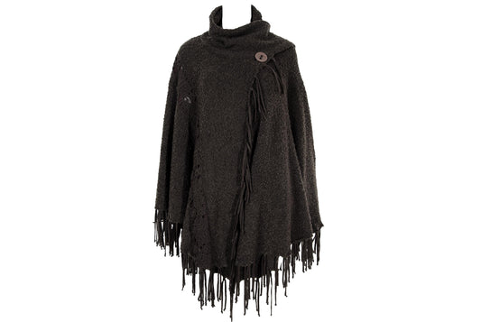 Vintage brown bouclé knit fringe poncho with integrated scarf