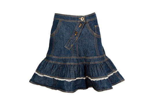 90s Antonio Berardi 2die4 flared denim skirt with crochet trim