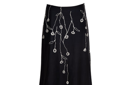 2000s Simultaneous black maxi skirt with white floral embroidery