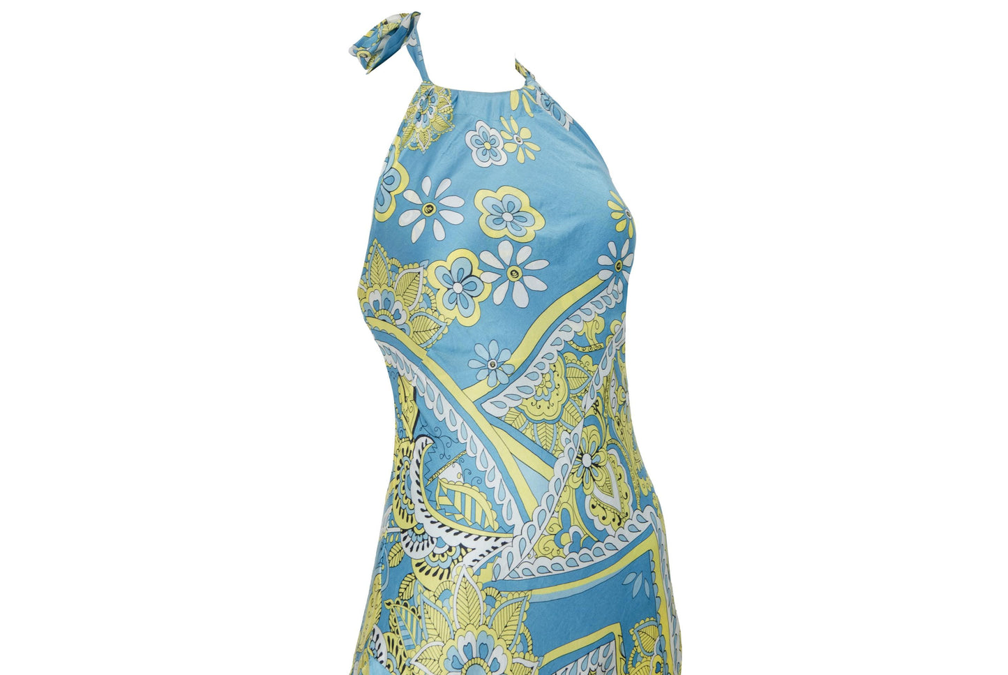 Vestido halter de sirena de seda 100% pura, bajo asimétrico y fluido, estilo vintage / Hecho en Italia