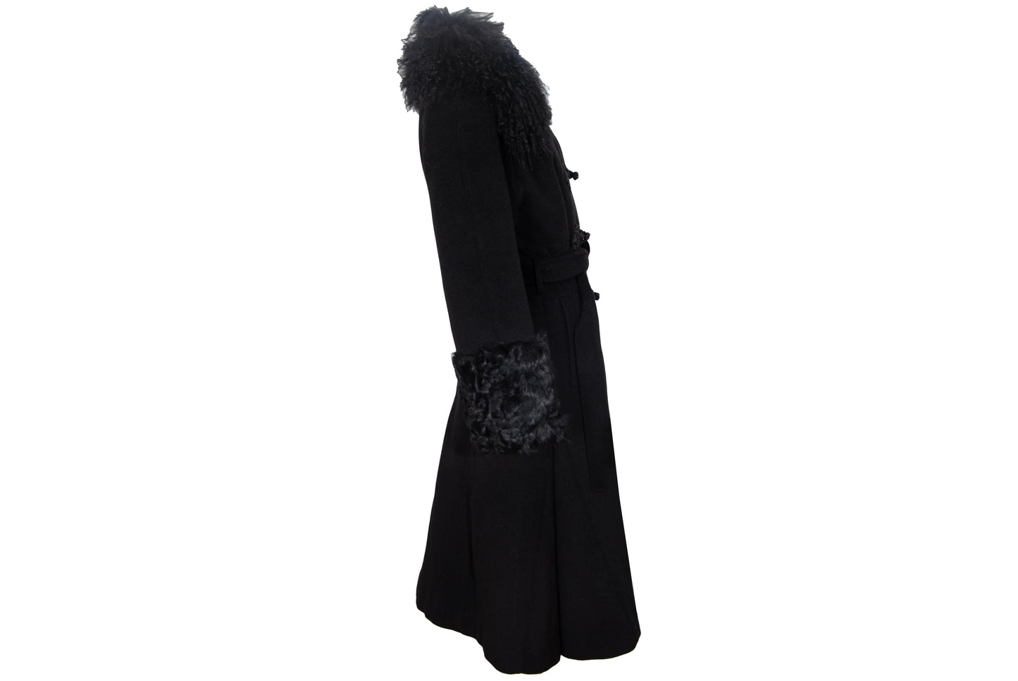 Vintage Black Wool & Cashmere Frog Closure Afghan Style Coat with Tibetan Fur