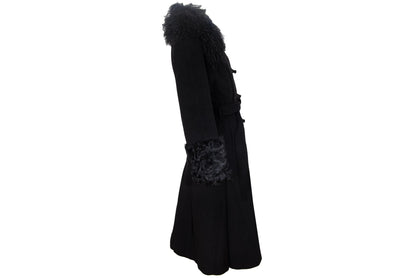 Vintage Black Wool & Cashmere Frog Closure Afghan Style Coat with Tibetan Fur