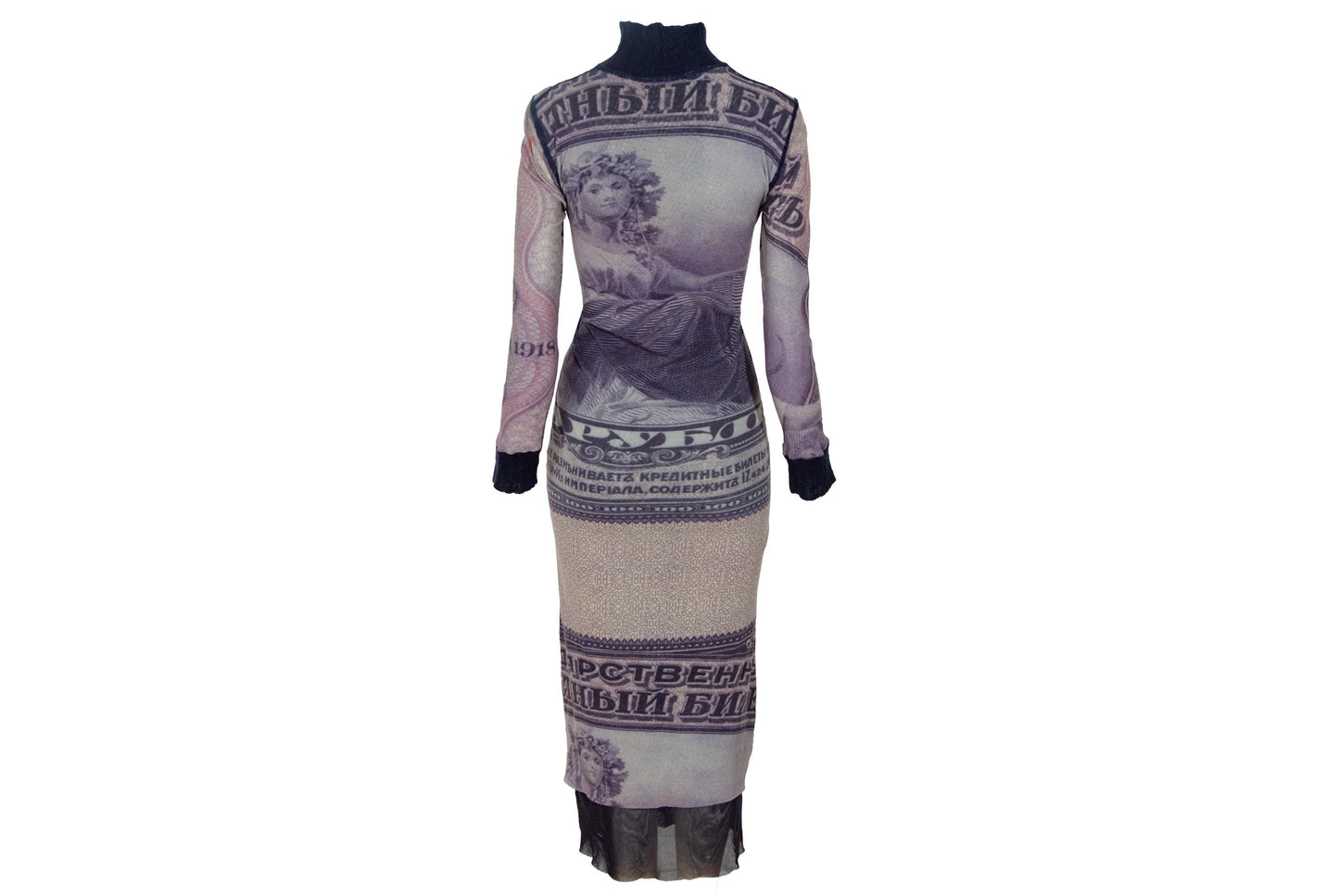 Vintage Italian Designer Currency Print Mesh Dress with Mohair Collar & Cuffs - Early 2000s - Made in Italy