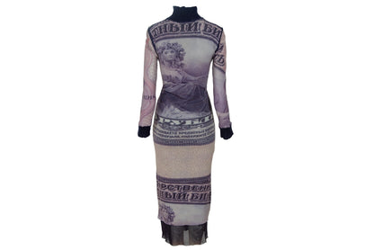 Vintage Italian Designer Currency Print Mesh Dress with Mohair Collar & Cuffs - Early 2000s - Made in Italy