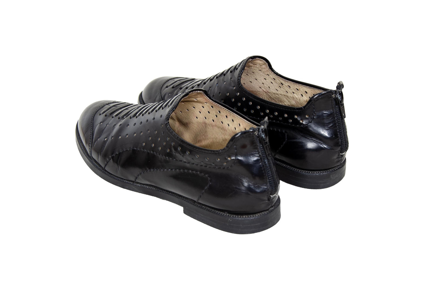 Vintage Yohji Yamamoto black leather perforated slip on shoes with rear zip closure