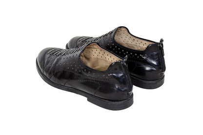Vintage Yohji Yamamoto black leather perforated slip on shoes with rear zip closure