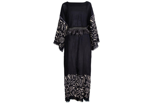 Vintage 100% silk embroidered kimono sleeves kaftan dress / Made in Italy