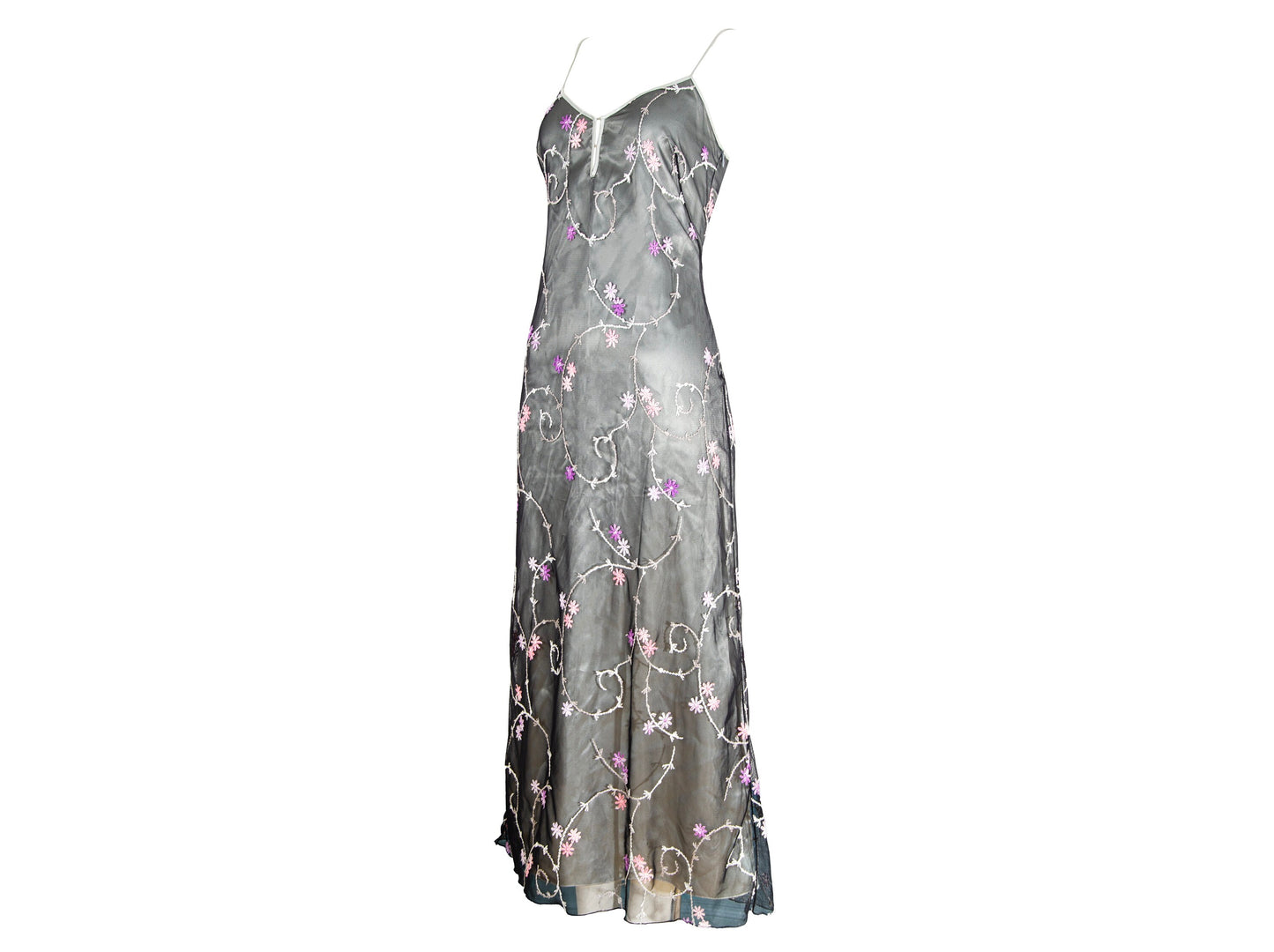 2000s Simultaneous embroidered tulle spaghetti straps maxi dress / Made in Italy