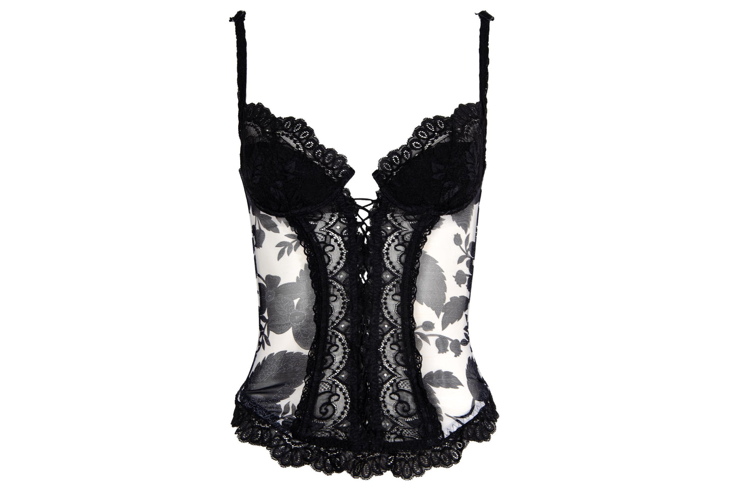 Marvel by La Perla black lace and floral mesh lace up front bustier