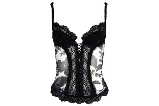 Marvel by La Perla black lace and floral mesh lace up front bustier