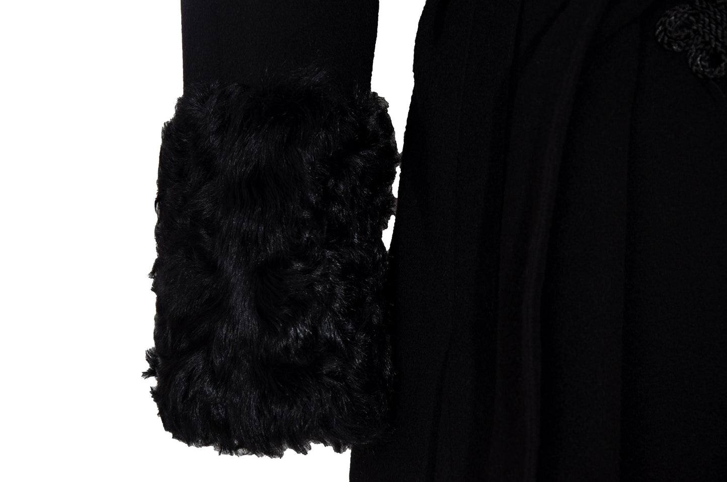 Vintage Black Wool & Cashmere Frog Closure Afghan Style Coat with Tibetan Fur