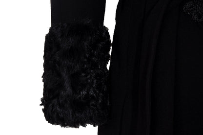 Vintage Black Wool & Cashmere Frog Closure Afghan Style Coat with Tibetan Fur