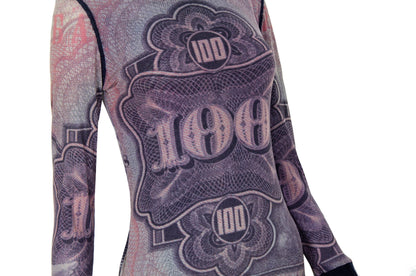 Vintage Italian Designer Currency Print Mesh Dress with Mohair Collar & Cuffs - Early 2000s - Made in Italy