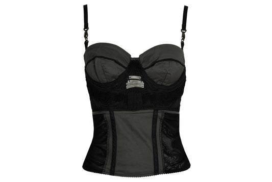 Vintage Style Corset Top - Gray Cotton Blend Bustier with Metal Detail