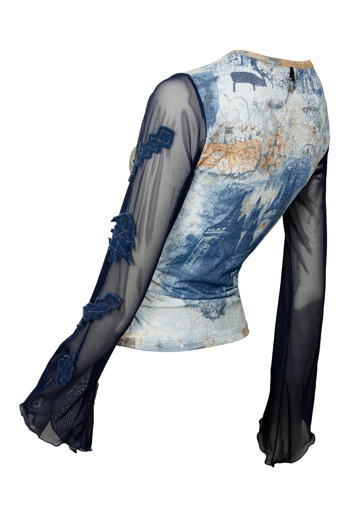 Save The Queen vintage sheer mesh bell sleeves top / Lettuce edge mesh flared sleeves top / Collage fantasy print top