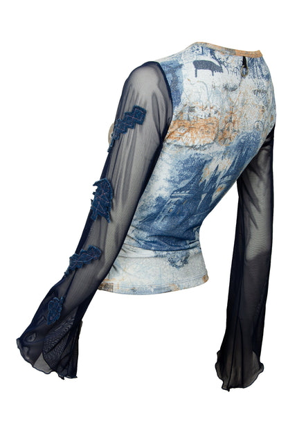 Save The Queen vintage sheer mesh bell sleeves top / Lettuce edge mesh flared sleeves top / Collage fantasy print top