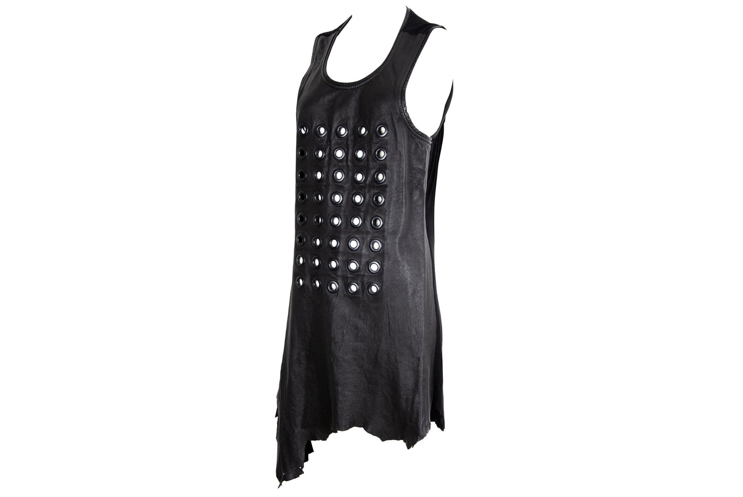 Vintage asymmetrical leather eyelet tunic / Raw natural edge leather mini dress with metal eyelets