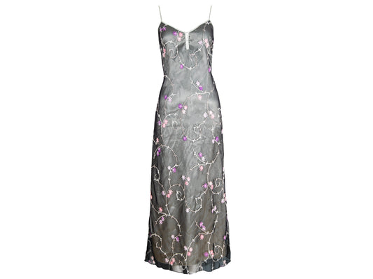 2000s Simultaneous embroidered tulle spaghetti straps maxi dress / Made in Italy