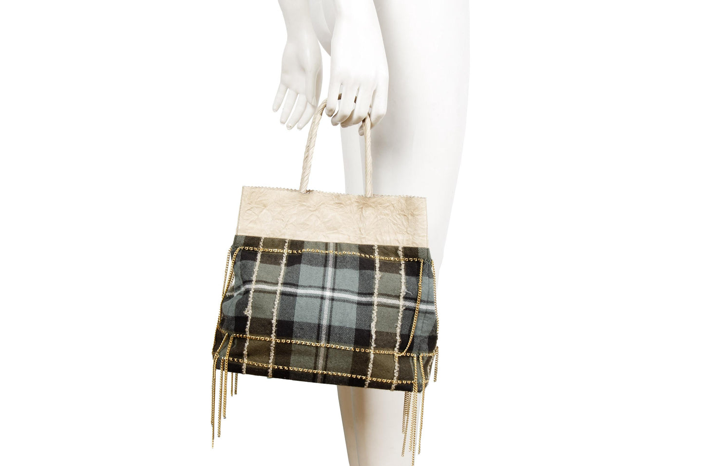 Japanese Designer Tartan Plaid Tote Bag with Gold Chain Fringe