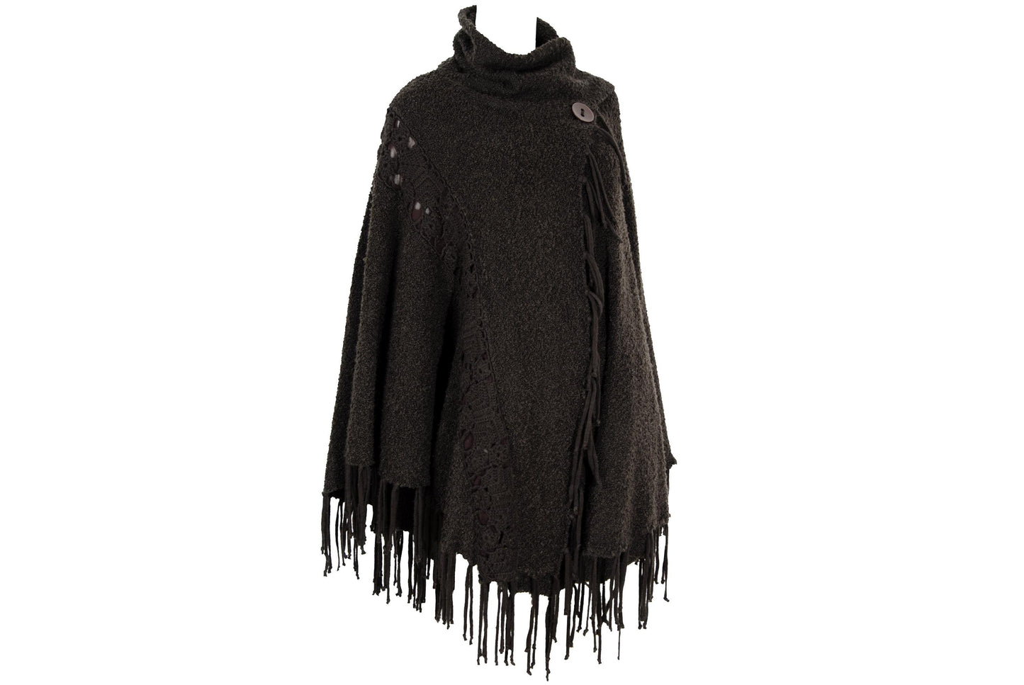 Vintage brown bouclé knit fringe poncho with integrated scarf