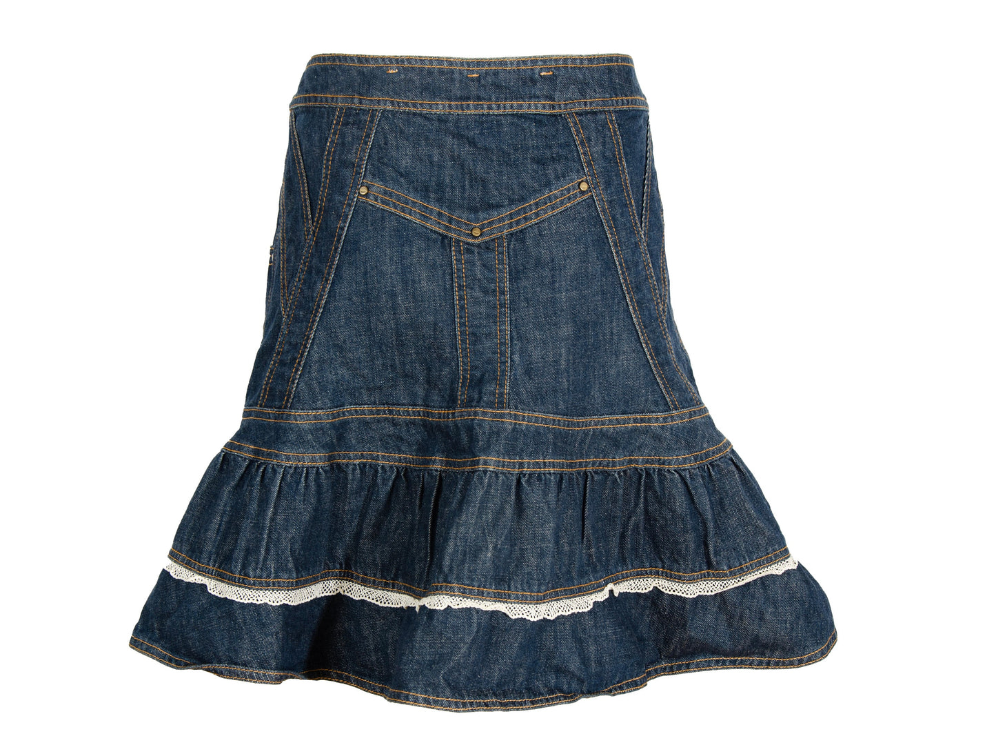 90s Antonio Berardi 2die4 flared denim skirt with crochet trim