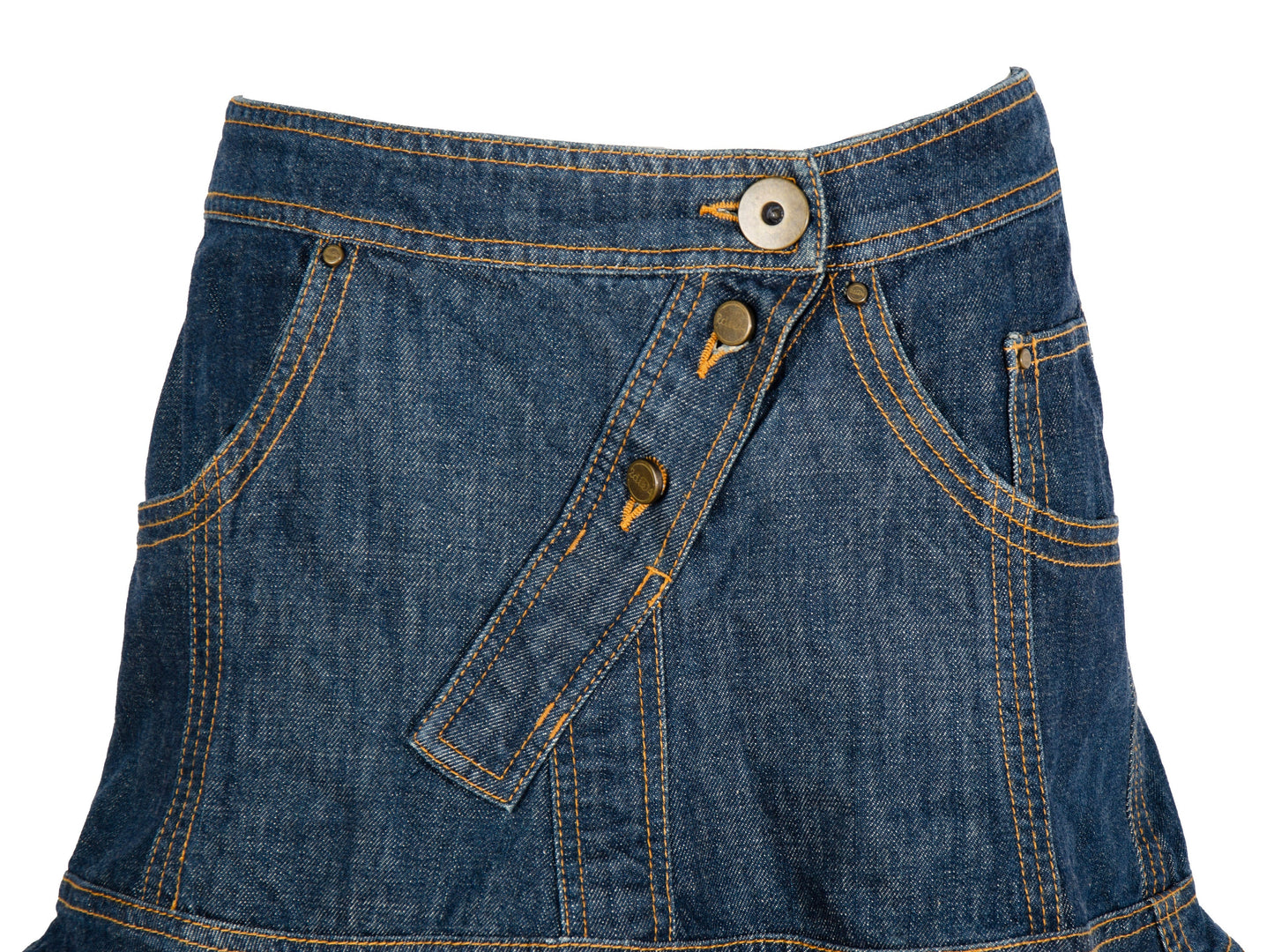 90s Antonio Berardi 2die4 flared denim skirt with crochet trim