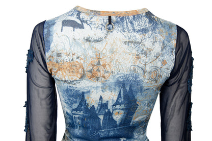 Save The Queen vintage sheer mesh bell sleeves top / Lettuce edge mesh flared sleeves top / Collage fantasy print top