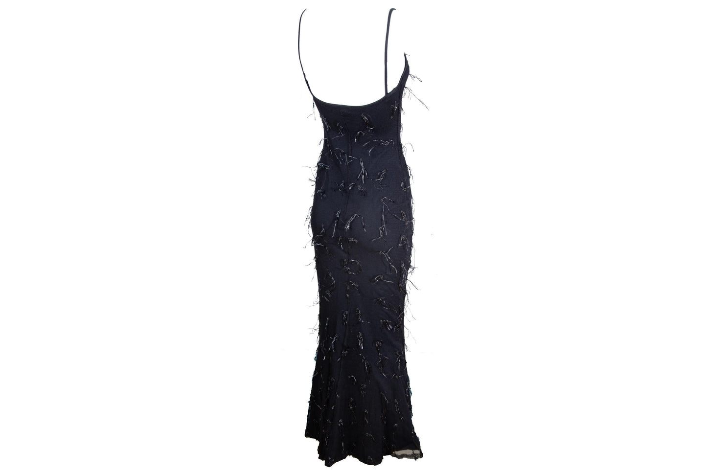 Vintage Amaya Arzuaga black mesh gown with shaggy nylon thread details / Made in Spain