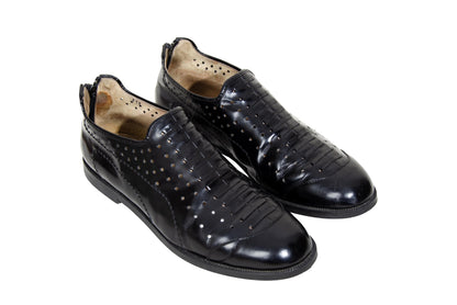 Vintage Yohji Yamamoto black leather perforated slip on shoes with rear zip closure