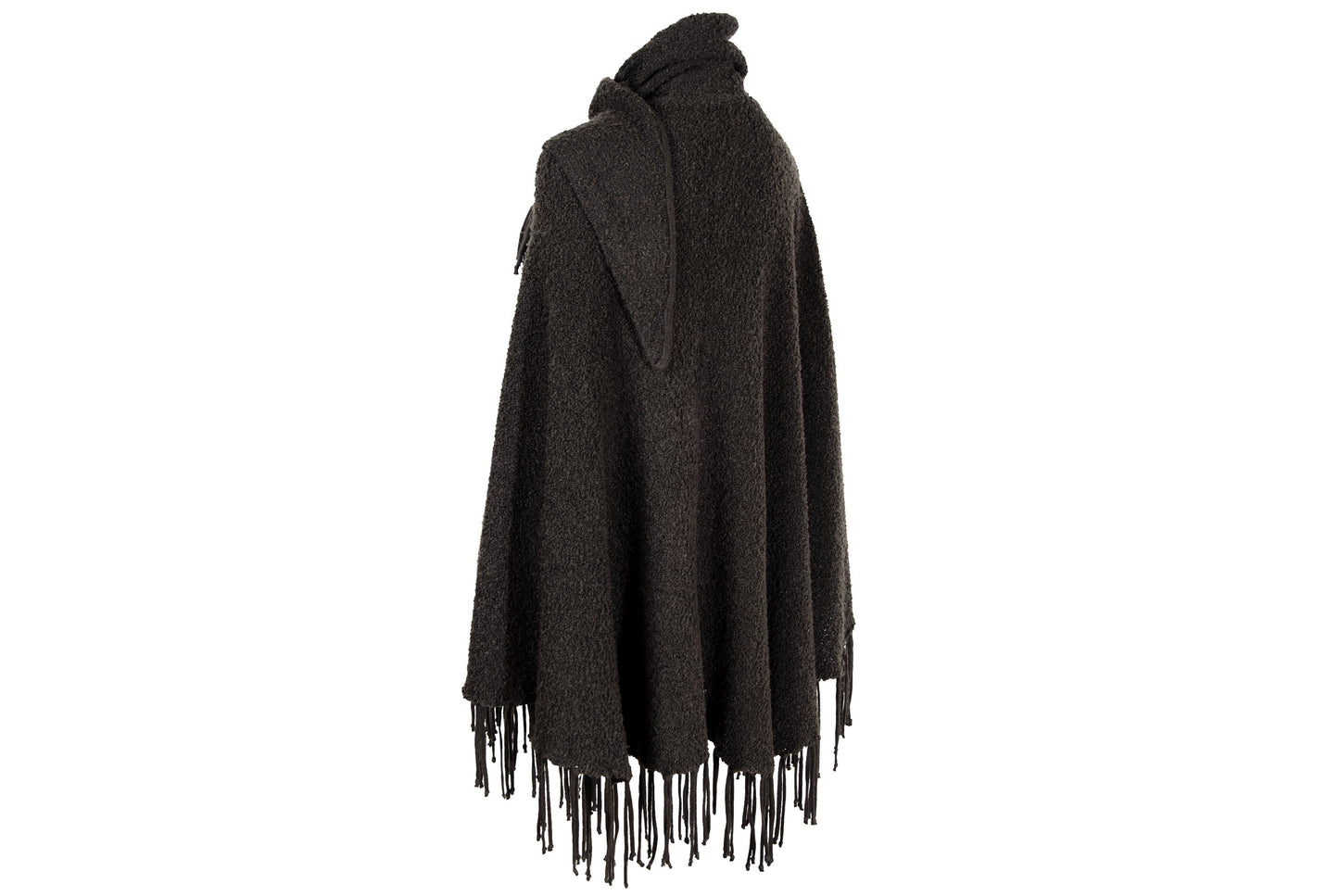 Vintage brown bouclé knit fringe poncho with integrated scarf