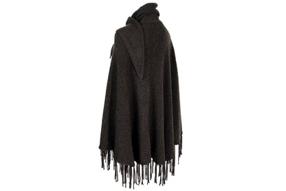 Vintage brown bouclé knit fringe poncho with integrated scarf