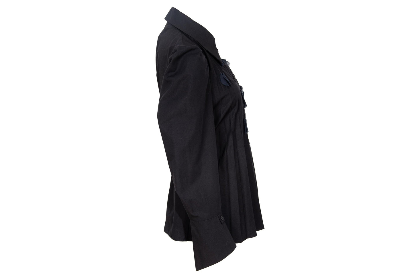 Vintage French brand black permanent pleats button front shirt with fabric appliqué details