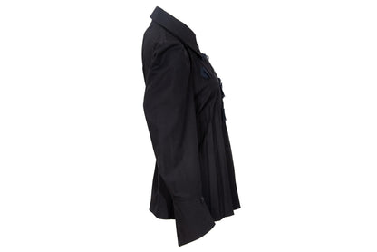 Vintage French brand black permanent pleats button front shirt with fabric appliqué details