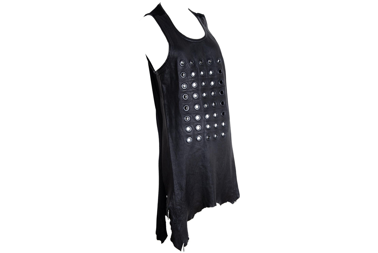 Vintage asymmetrical leather eyelet tunic / Raw natural edge leather mini dress with metal eyelets