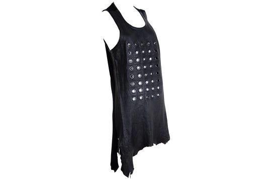 Vintage asymmetrical leather eyelet tunic / Raw natural edge leather mini dress with metal eyelets