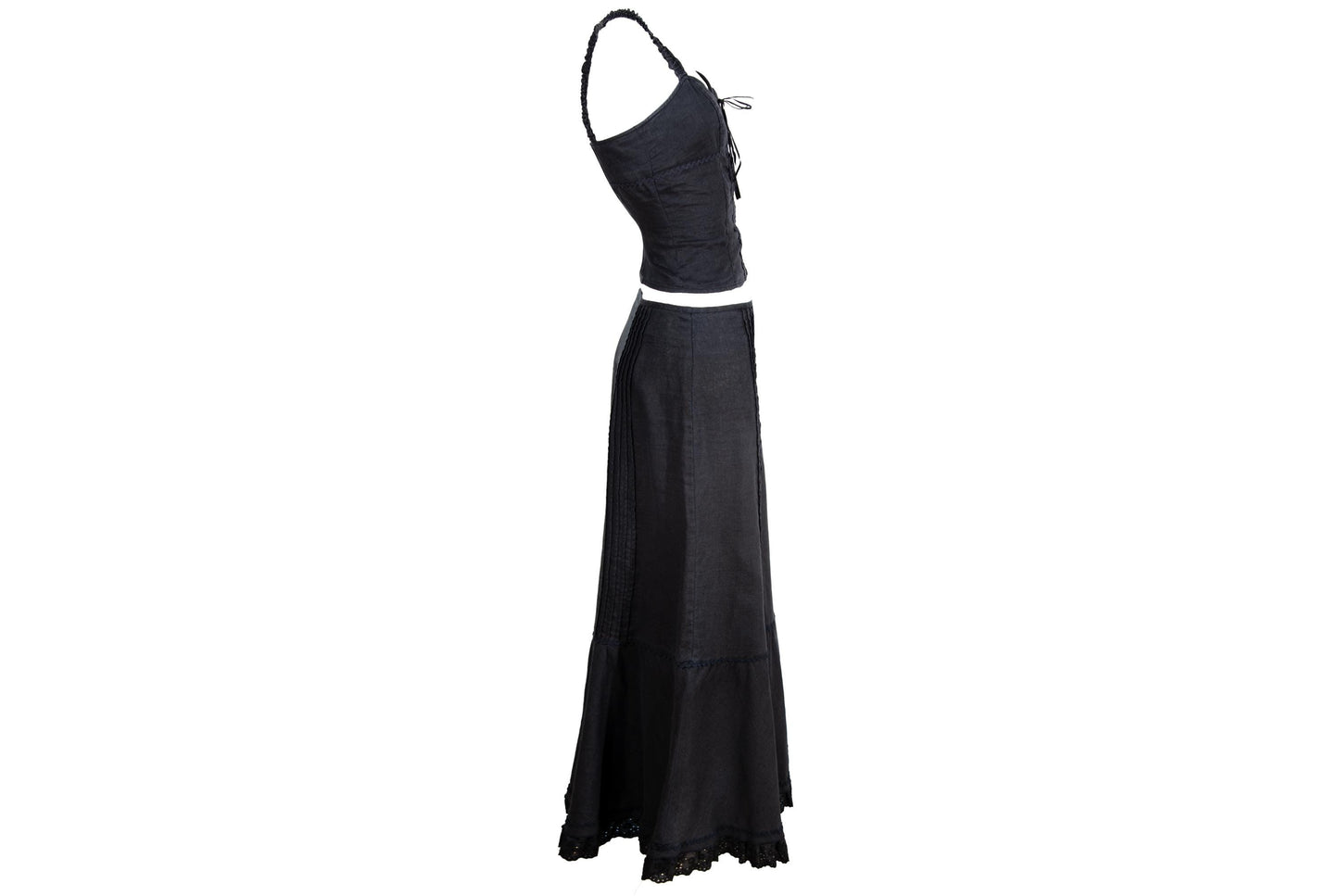 Vintage Black Linen Corset Top and Maxi Skirt Set